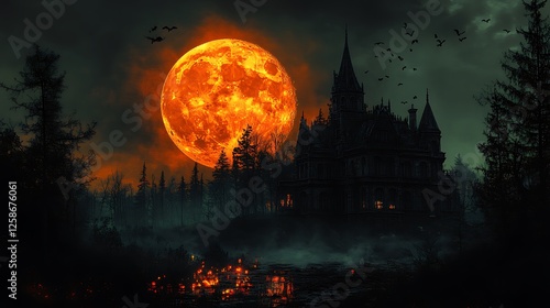 A dark silhouette of a gothic mansion with creepy shadows cast by a spooky moon photo