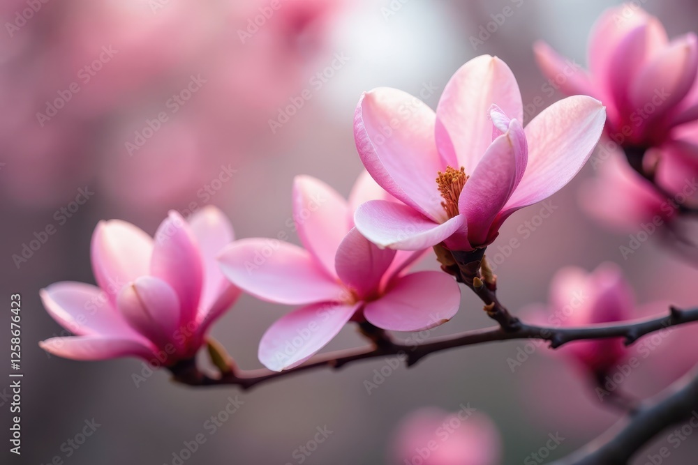 Obraz premium Delicate pink magnolia blossoms on a branch against a blurred background , flowering, pink magnolia