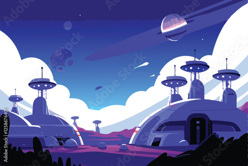 A sprawling, futuristic Mars base with massive docking bays for spacecraft, showcasing advanced technology and habitat modules.