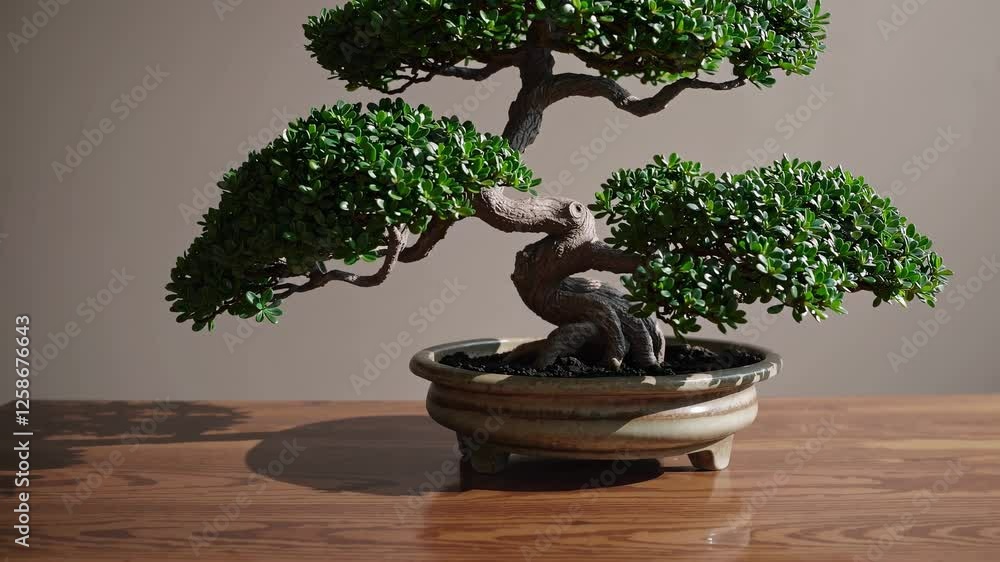 A close-up video of a bonsai tree on a wooden table, captured from a side angle, highlighting its intricate branches and lush green leaves. A close-up video of a bonsai tree on a wooden table, captured from a side angle, highlighting its intricate branches and lush green leaves.