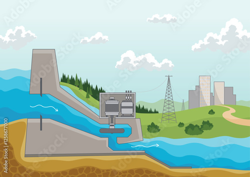 Hydroelectric power plant. Alternative energy concept, factory electric. Water power station with dam on the river. Vector illustration