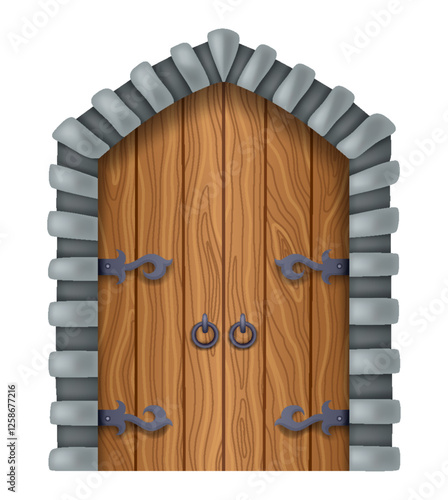 Medieval gate, closed. Castle medieval door. Cartoon ancient fortress wooden gate or tower arch door. Stone arch with metal hinges for entry. Vintage city entrance, vector illustration