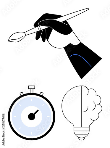 Hand holding a paintbrush stopwatch brain-lightbulb symbol. Ideal for creativity, art, time management, productivity, innovation, brainstorm, modern work. Line metaphor