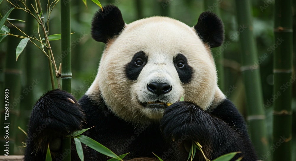 Obraz premium A giant panda enjoys a bamboo snack while gripping a stalk in a lush green forest. Its black-and-white fur contrasts with the vibrant foliage, capturing a peaceful moment in nature.