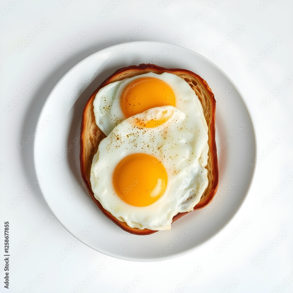 Top view of two fried eggs on a piece of toast