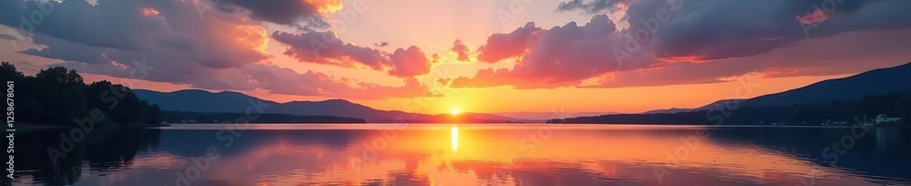 Fototapeta premium Calm waters and majestic sky at sunset on Phoenix lake in Dortmund, panoramic, sky