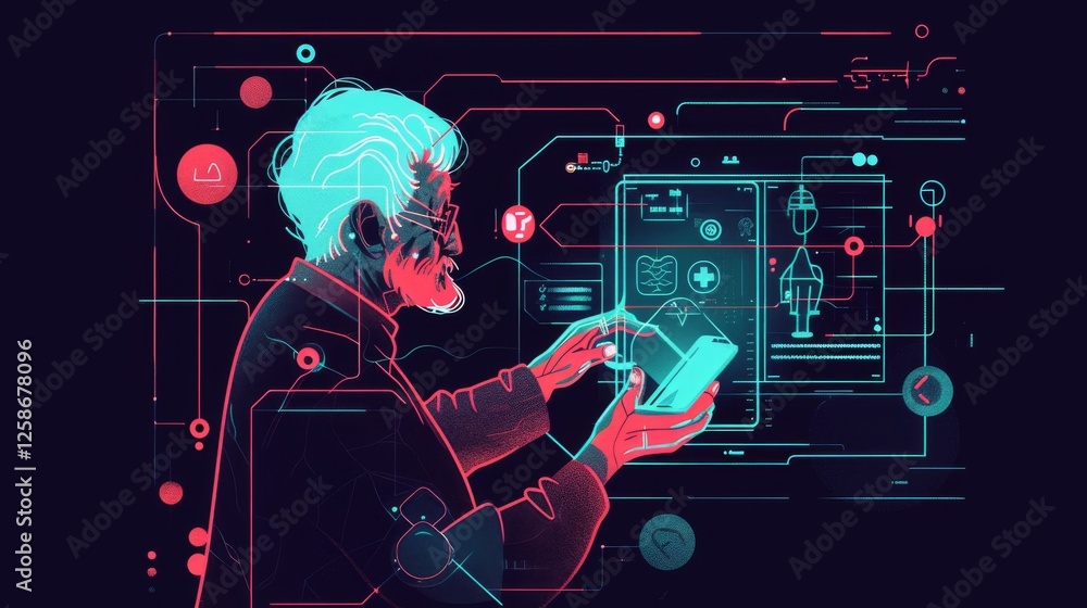 A neon-themed digital illustration of an elderly man interacting with a holographic medical interface. The futuristic scene emphasizes the integration of AI in healthcare. AI generated.