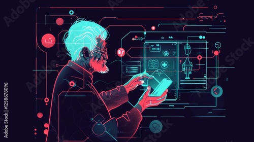 Obraz na płótnie A neon-themed digital illustration of an elderly man interacting with a holographic medical interface. The futuristic scene emphasizes the integration of AI in healthcare. AI generated. w salonie