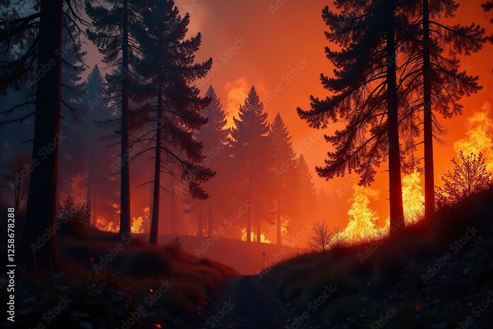 Burning foliage and trees in a forest during a wildfire, fire, tree fire, wildfires