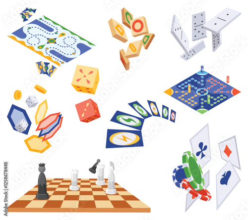 Board games set, flat isometric view. Isolated colored icon backgammon, chess, checkers and domino. Playing cards and dice table gaming. Cartoon family table games for adults and kids