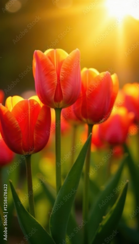Vibrant tulips bask in golden sunlight, petals glowing , beauty, flowers Vibrant tulips bask in golden sunlight, petals glowing , beauty, flowers