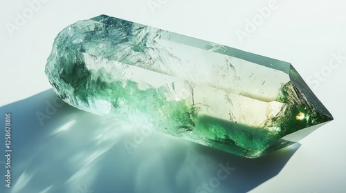 Green crystal point on white background, potential use in healing or meditation photo