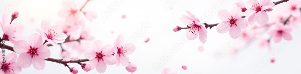 Fototapeta premium Cherry blossom branches with pale pink flowers scattered on a white background, light, branch, flowers