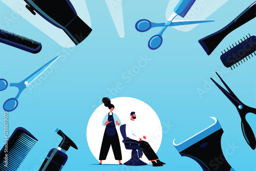 Create a vibrant vector background featuring stylized scissors, combs, and hair clippers, ideal for a hairstylist or barber's business branding.