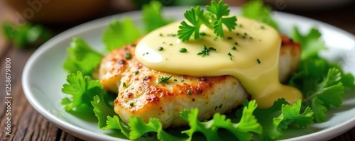 Chicken breast with a layer of creamy besciamella sauce on top of a bed of fresh parsley, cream, herb