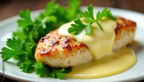 Chicken breast with a layer of creamy besciamella sauce on top of a bed of fresh parsley, herb, green