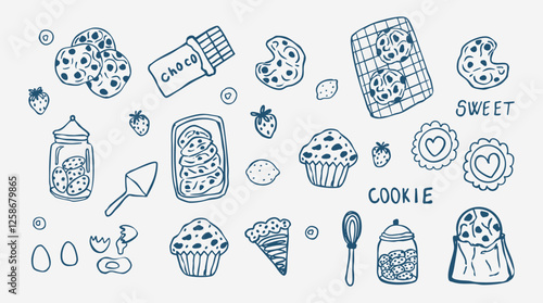 set of cookie jar muffin, sweets hand drawn cookie doodles. Vector illustration