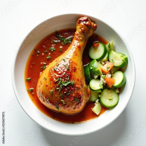 Chicken drumstick served in a white bowl wiht spices salad, spices, salad
