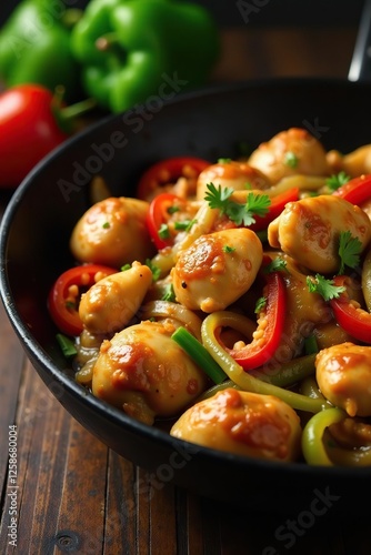 Chicken with onions and peppers in a wok or large pan, flavorful, wok
