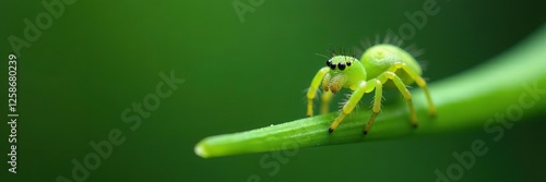 Closeup of a green spider's spinneret on a stem, tiny creatures, spiders on stems, insect biology