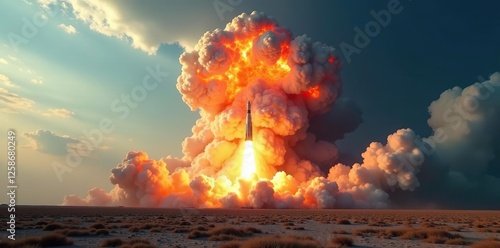 Cloud of explosion engulfs a massive rocket launch site, rocket, ICBM, military