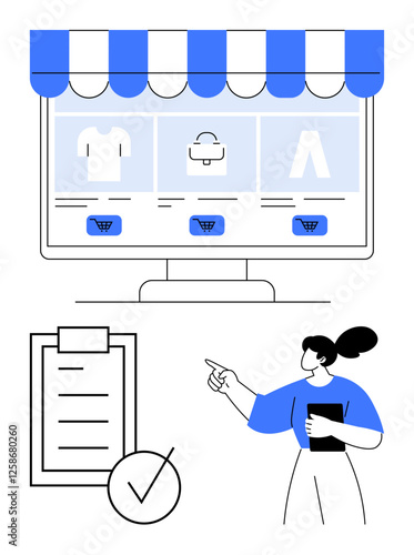 Digital storefront showcasing products with shopping cart icons, checklist with a tick, and a woman pointing while holding a tablet. Ideal for e-commerce, retail, planning, decision-making, user