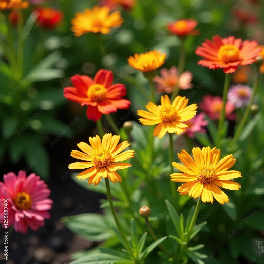 Coreopsis lanceolata in a garden bed with other plants, centerpiece, blooms Coreopsis lanceolata in a garden bed with other plants, centerpiece, blooms