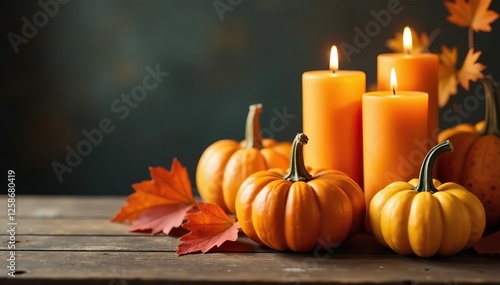 Candles and gourds in autumn arrangement on wooden table, autumn colors, seasonal decor, gourds