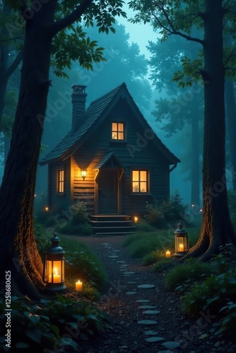 Candles and lanterns illuminate a forest cottage shrouded in mist, enchanted abode, glowing lanterns