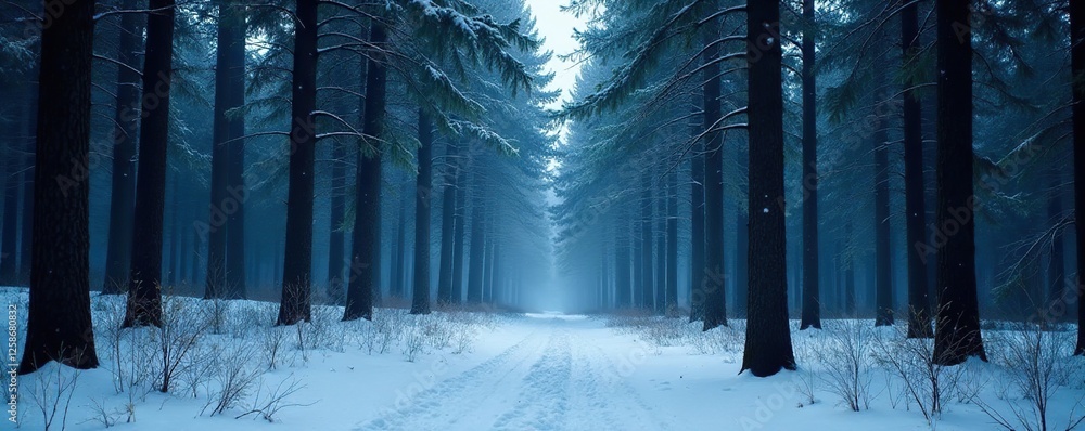 Naklejka premium Dark forest trees towering above the snow-covered ground, nature, forest, solitude