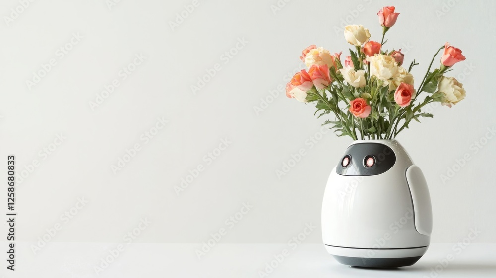 Naklejka premium A unique robot vase with bright colors will decorate any room, demonstrating creativity and innovation in design. A vase that doubles as a small robot, tending to the flowers it holds.