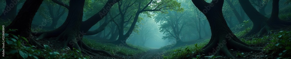 Obraz premium Dark forest with dense foliage and twisted tree trunks, atmospheric, wilderness