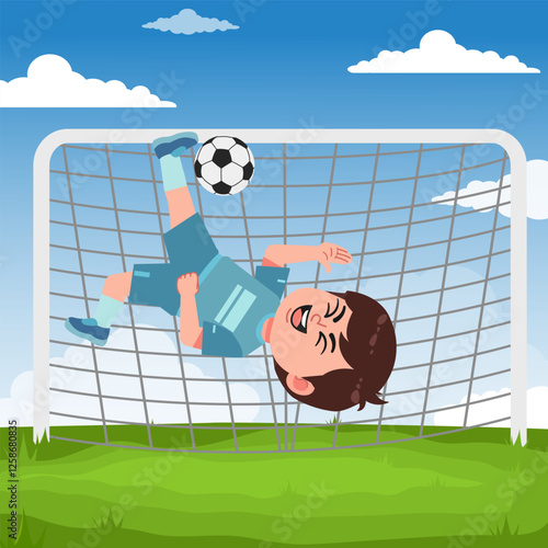 Cute Boy Cartoon Character Playing Football Bicycle Kick