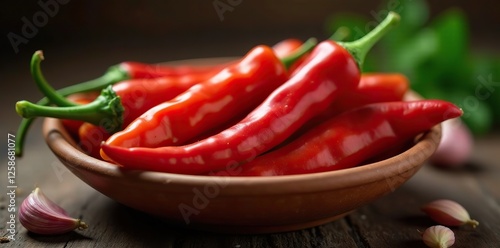 Colorful chilies and garlic in a terracotta bowl, , chilies