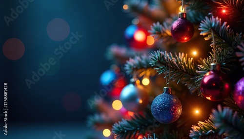 Colorful multicolor Christmas tree with shimmering holiday lights, glowing ornaments, decorative tree, shimmering ornaments