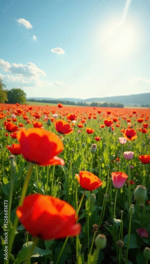Sunlit poppy field, showcasing diverse blooms, lush green foliage , poppies, leaves Sunlit poppy field, showcasing diverse blooms, lush green foliage , poppies, leaves
