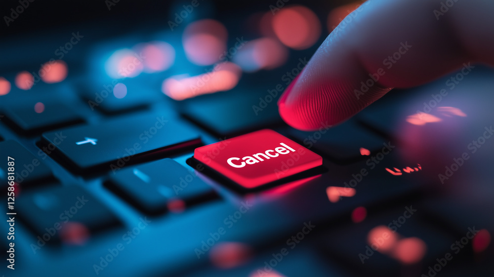 Obraz premium A business professional's hand pressing a red Cancel key on a minimalist black keyboard, with subtle bokeh lights in the background (1)