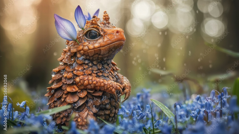 Naklejka premium A cute woodland creature among blue flowers. AI.