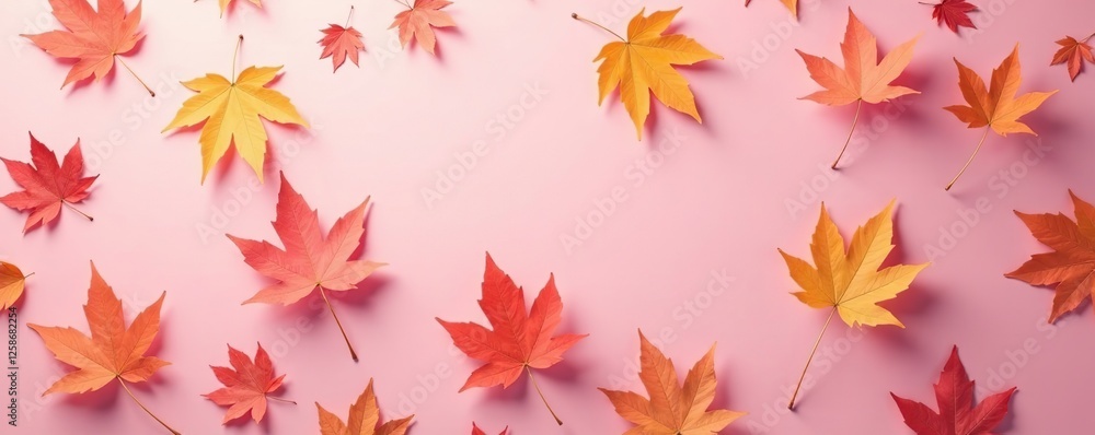 Delicate maple leaves scattered on a soft pink background with subtle shading effects, maple, autumn, color Delicate maple leaves scattered on a soft pink background with subtle shading effects, maple, autumn, color