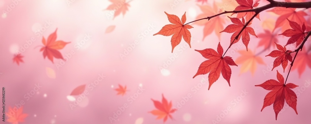 Delicate maple leaves scattered on a soft pink background with subtle shading effects, tree, blossom Delicate maple leaves scattered on a soft pink background with subtle shading effects, tree, blossom
