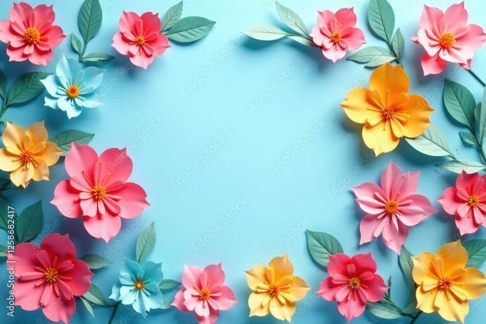 Vibrant paper flowers, light blue backdrop, central space , artisan, pastel Vibrant paper flowers, light blue backdrop, central space , artisan, pastel
