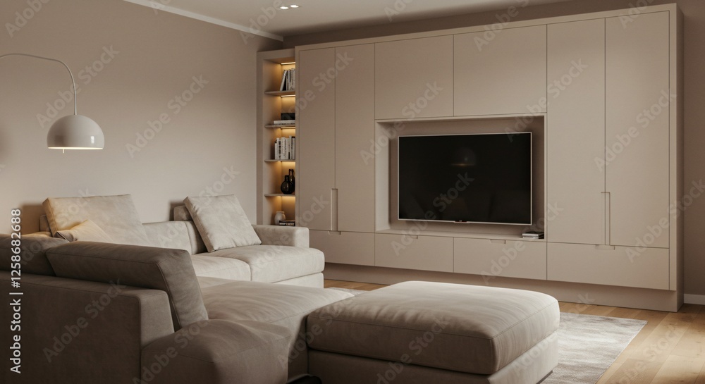 Fototapeta premium A cozy modern living room with a neutral-toned sectional sofa, built-in TV unit, soft lighting, and wooden flooring. The minimalist design creates a warm and inviting ambiance.