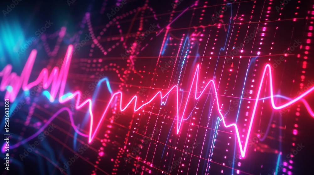 A futuristic visualization of neon soundwaves and digital data streams glowing in pink and blue tones. The high-tech aesthetic resembles music and waveform analysis. AI generated. A futuristic visualization of neon soundwaves and digital data streams glowing in pink and blue tones. The high-tech aesthetic resembles music and waveform analysis. AI generated.