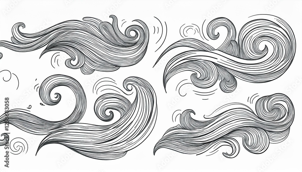 Doodle wind line sketch set. Hand drawn doodle wind motion, air blow, swirl elements. Sketch drawn air blow motion, smoke flow art, abstract line. Isolated perfect any project. Doodle wind line sketch set. Hand drawn doodle wind motion, air blow, swirl elements. Sketch drawn air blow motion, smoke flow art, abstract line. Isolated perfect any project.