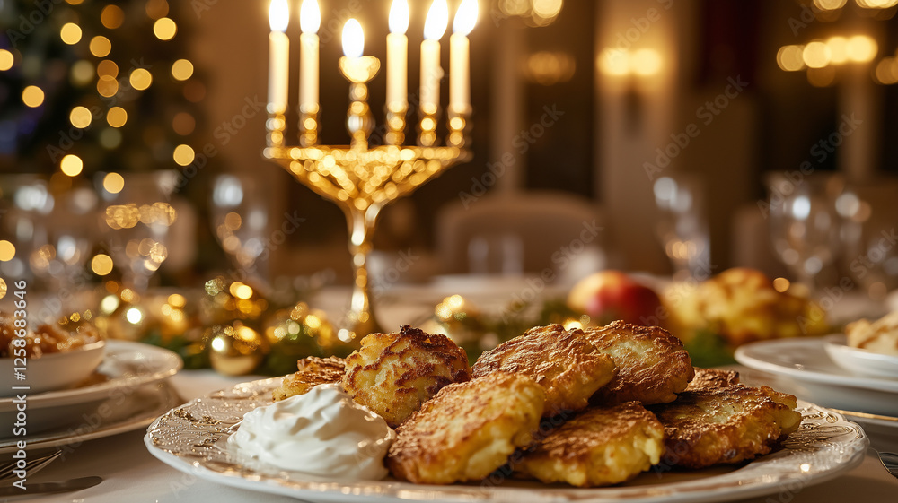 A family enjoying a Hanukkah meal, with golden latkes on white plates, sour cream, and applesauce served, the menorah shining brightly in the background, and elegant gold decorations completing the A family enjoying a Hanukkah meal, with golden latkes on white plates, sour cream, and applesauce served, the menorah shining brightly in the background, and elegant gold decorations completing the