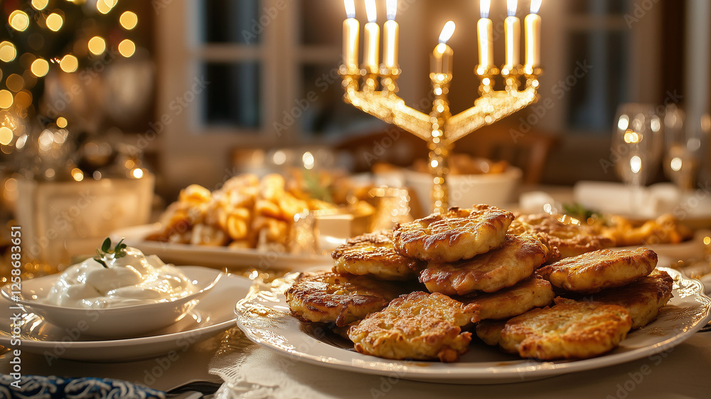 Obraz premium A family enjoying a Hanukkah meal, with golden latkes on white plates, sour cream, and applesauce served, the menorah shining brightly in the background, and elegant gold decorations completing the