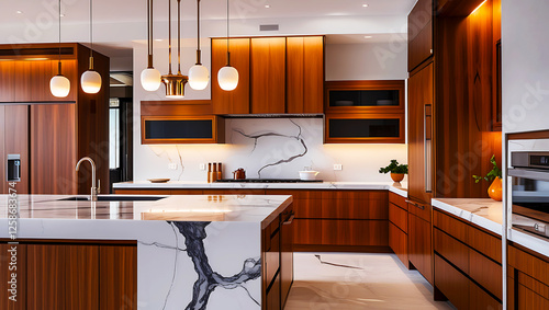 A modern kitchen interior in a luxurious contemporary home.