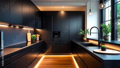 A modern kitchen interior in a luxurious contemporary home.