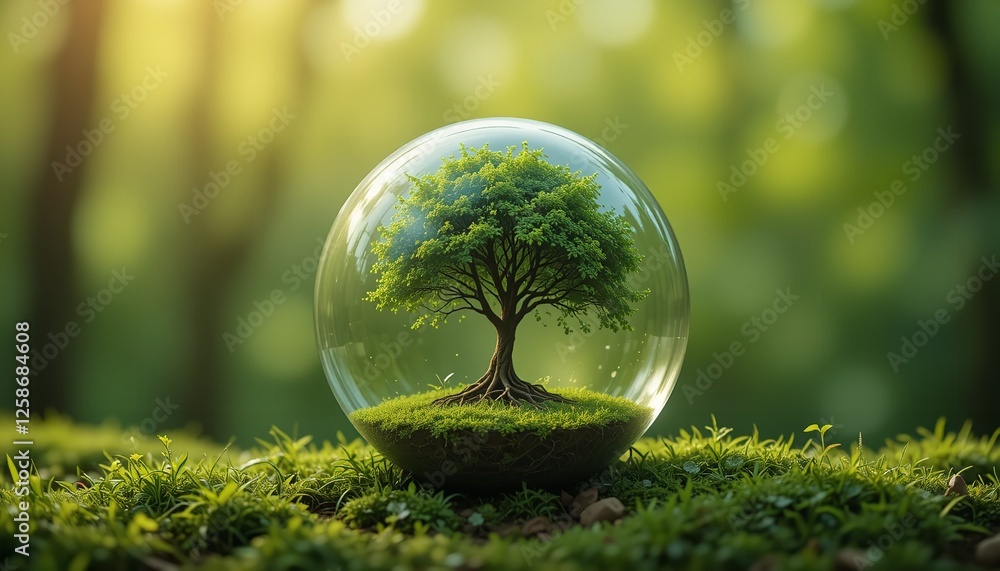 Enclosed Young Tree in Glass Sphere Peaceful Nature Scene Tranquil Green Environment Eco Friendly Sustainable Growth Botanical Enclosed Young Tree in Glass Sphere Peaceful Nature Scene Tranquil Green Environment Eco Friendly Sustainable Growth Botanical