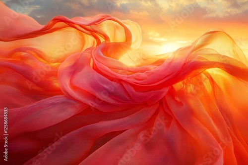 Dramatic Red Sheer Fabric Draped in Sunset Light Textured Background